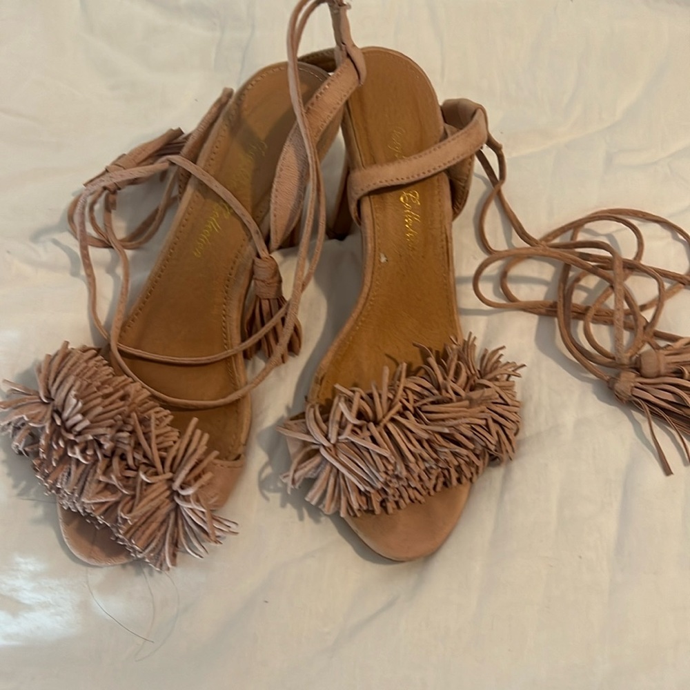 Pale  pink suede 3 inch lace up around the ankle shoe